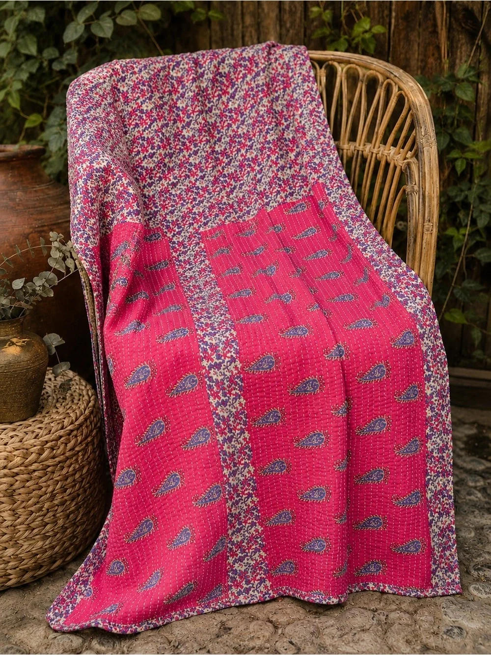 Vintage Handmade Printed Kantha Quilt India Sari Throw Blanket Twin 52x80